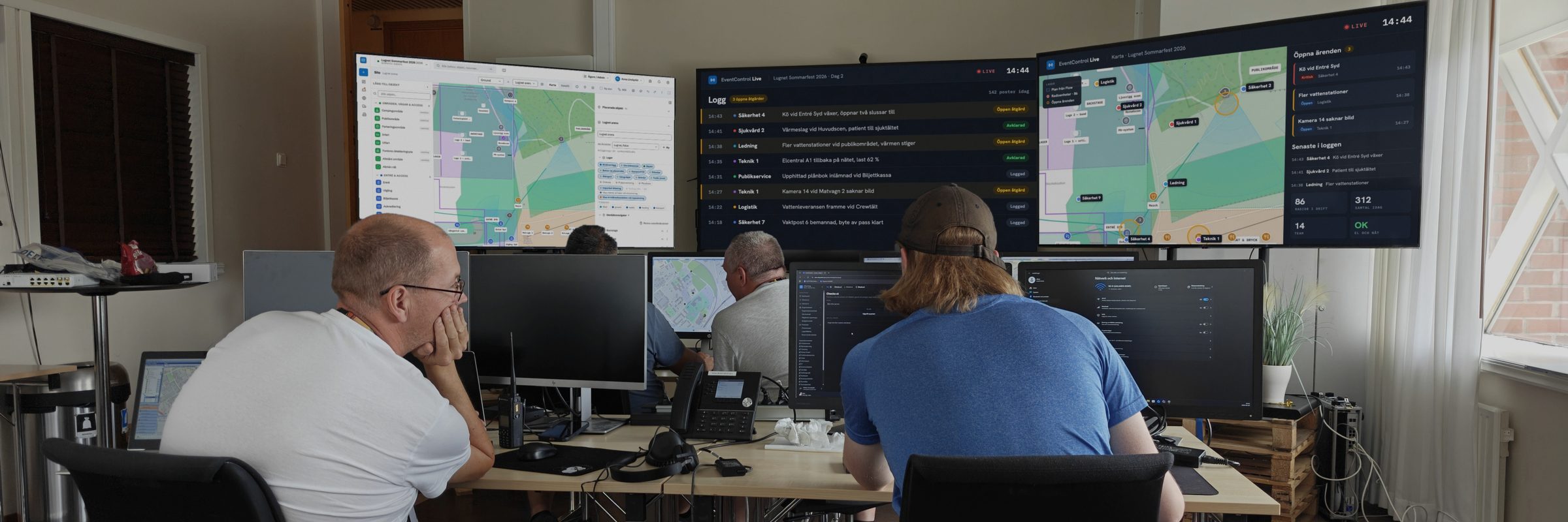 Ledningscentral på plats: Flows platskarta, EventControl Lives logg och karta på väggskärmarna